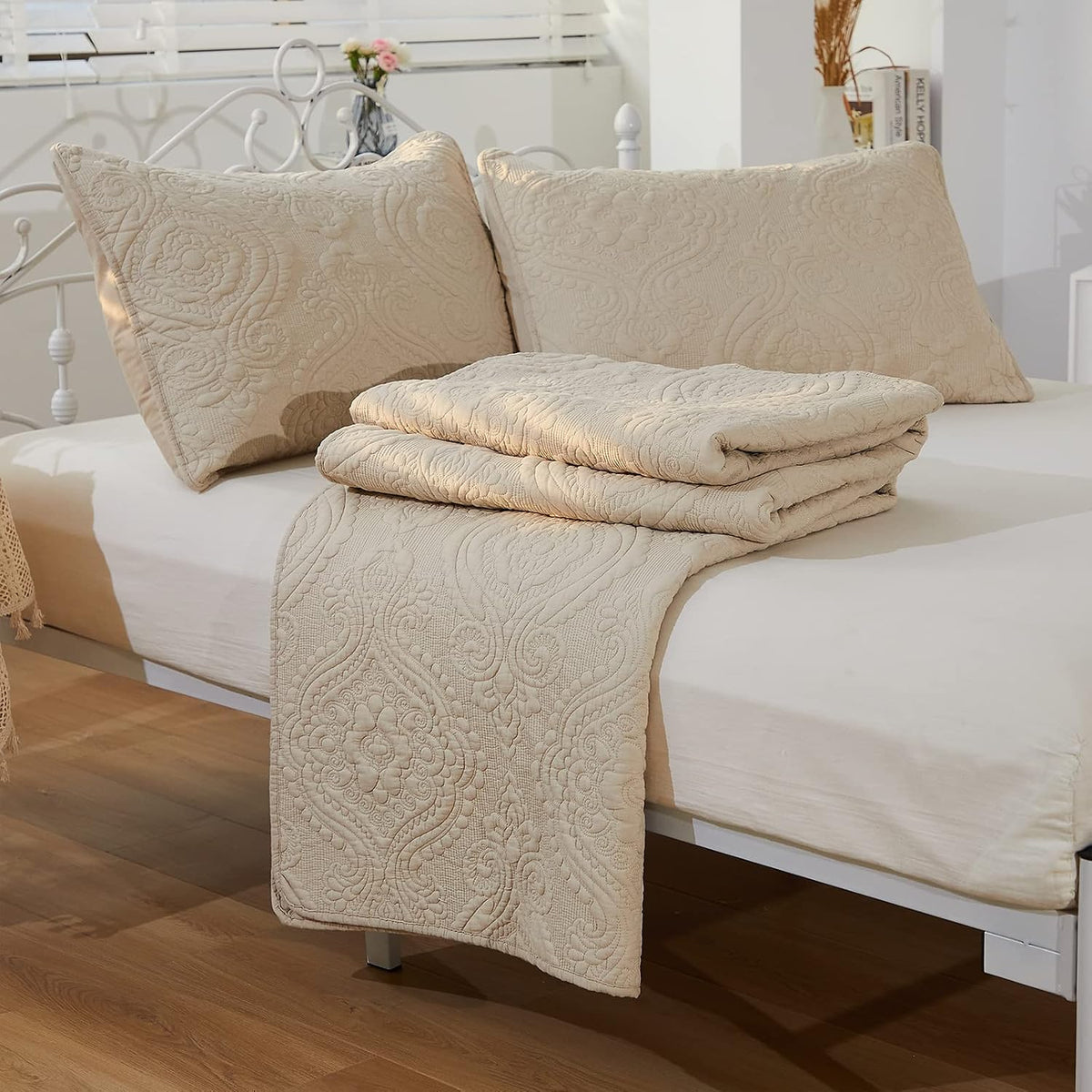 2-Pack Beige Damask Quilted Cotton Pillow Shams Standard Size