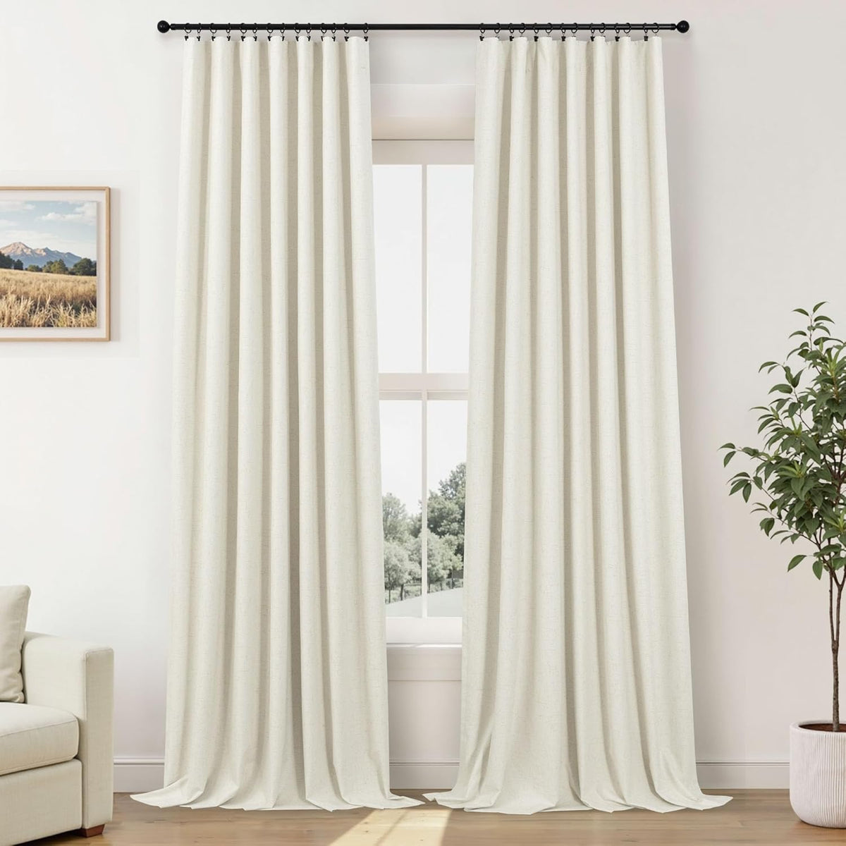 84" Cream Linen Blackout Curtains, 2 Panels