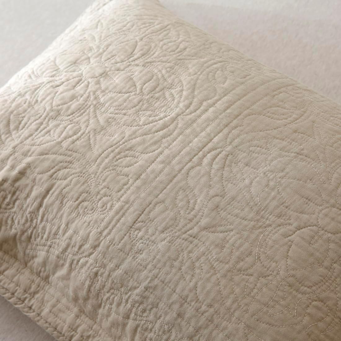 Khaki Taupe Cotton Quilted Floral Pillow Sham
