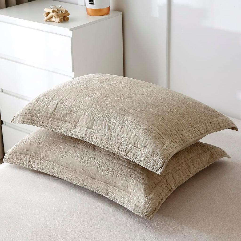 Khaki Taupe Cotton Quilted Floral Pillow Sham