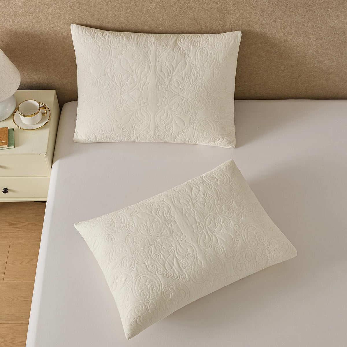 2-Pack Ivory Damask Medallion Quilted Pillow Shams