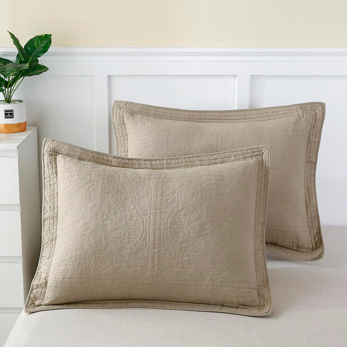 Khaki Taupe Cotton Quilted Floral Pillow Sham
