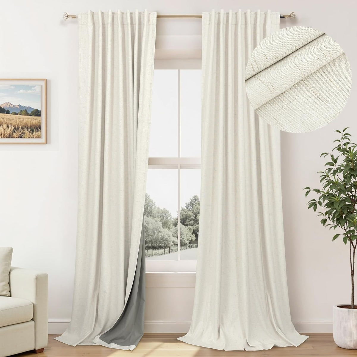 84" Cream Linen Blackout Curtains, 2 Panels