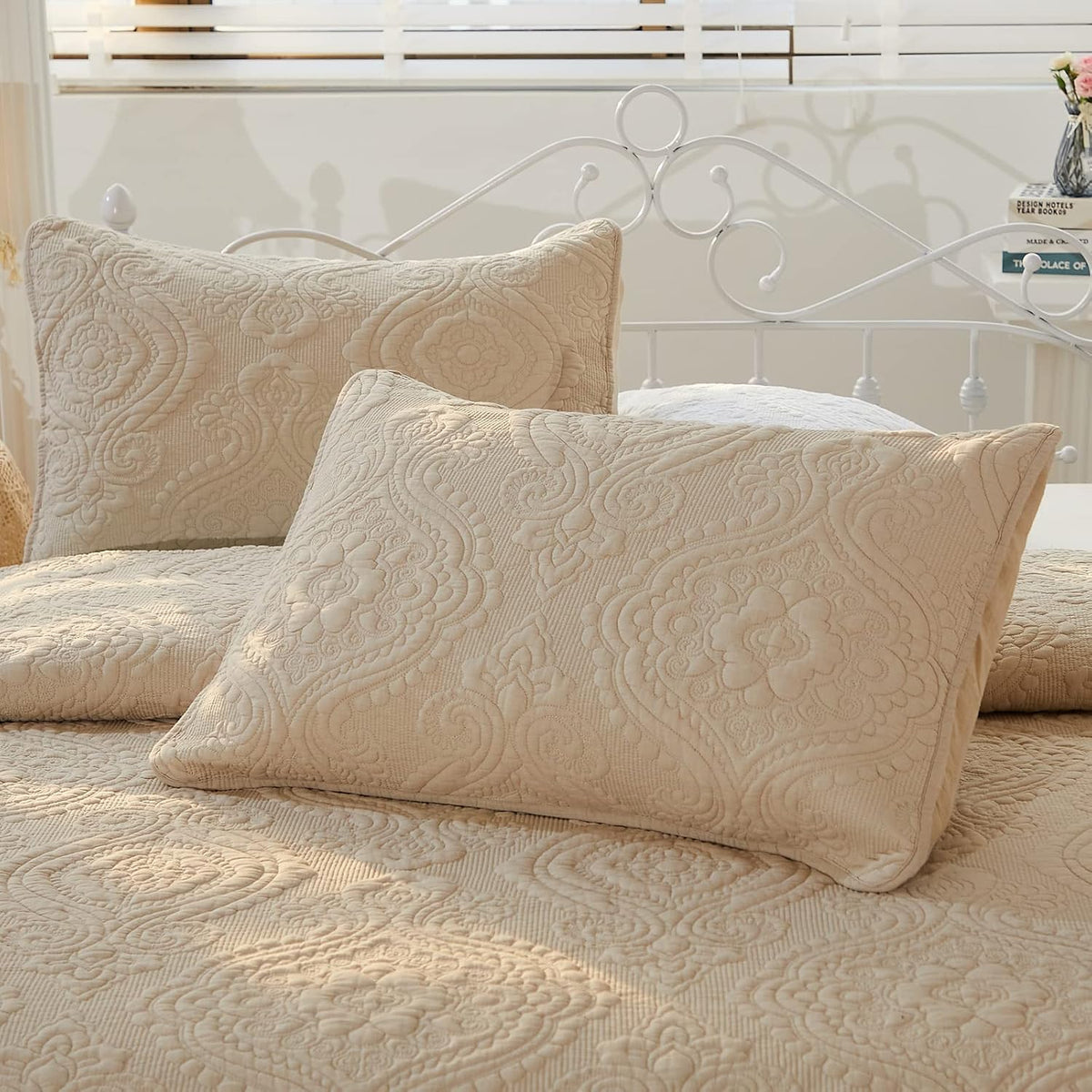 2-Pack Beige Damask Quilted Cotton Pillow Shams Standard Size