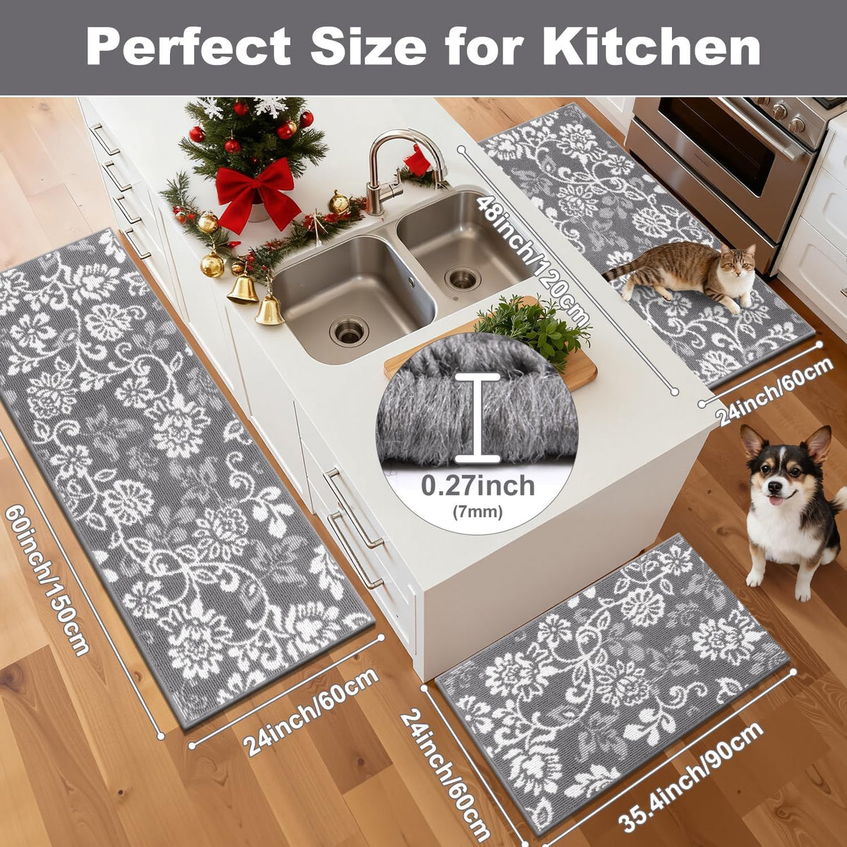 3-Pack Grey Boho Non-Slip Kitchen Rug Set