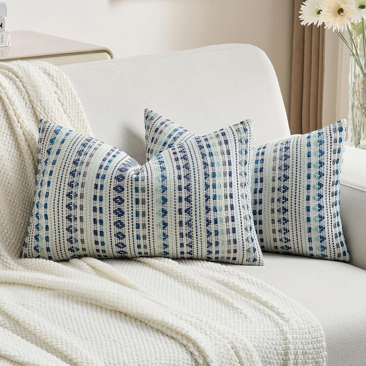 2-Pack Blue Grey Boho Pillow Covers 12"x20"