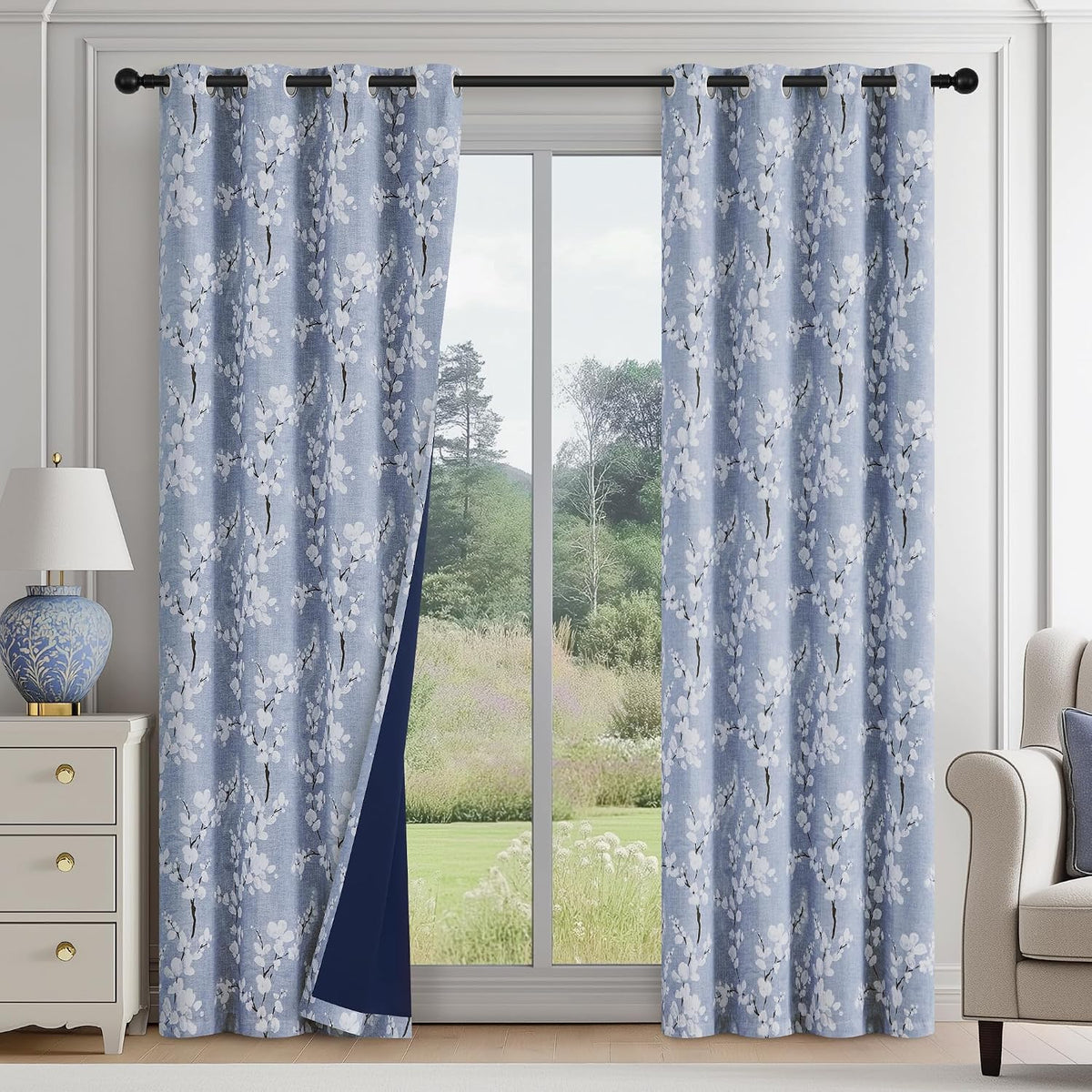 84" Blue Floral Blackout Curtains, 2 Panels
