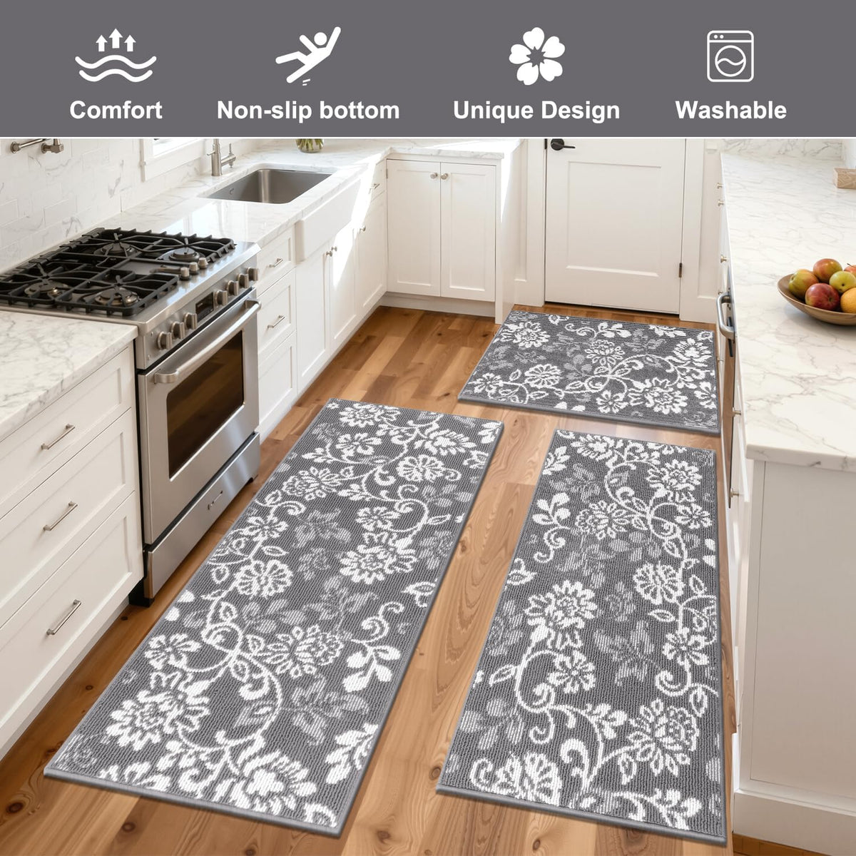 3-Pack Grey Boho Non-Slip Kitchen Rug Set