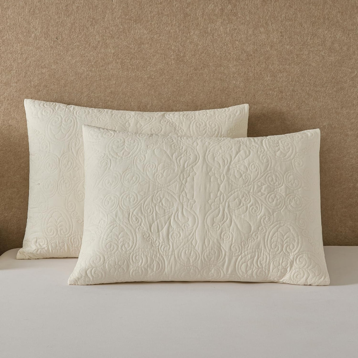 2-Pack Ivory Damask Medallion Quilted Pillow Shams