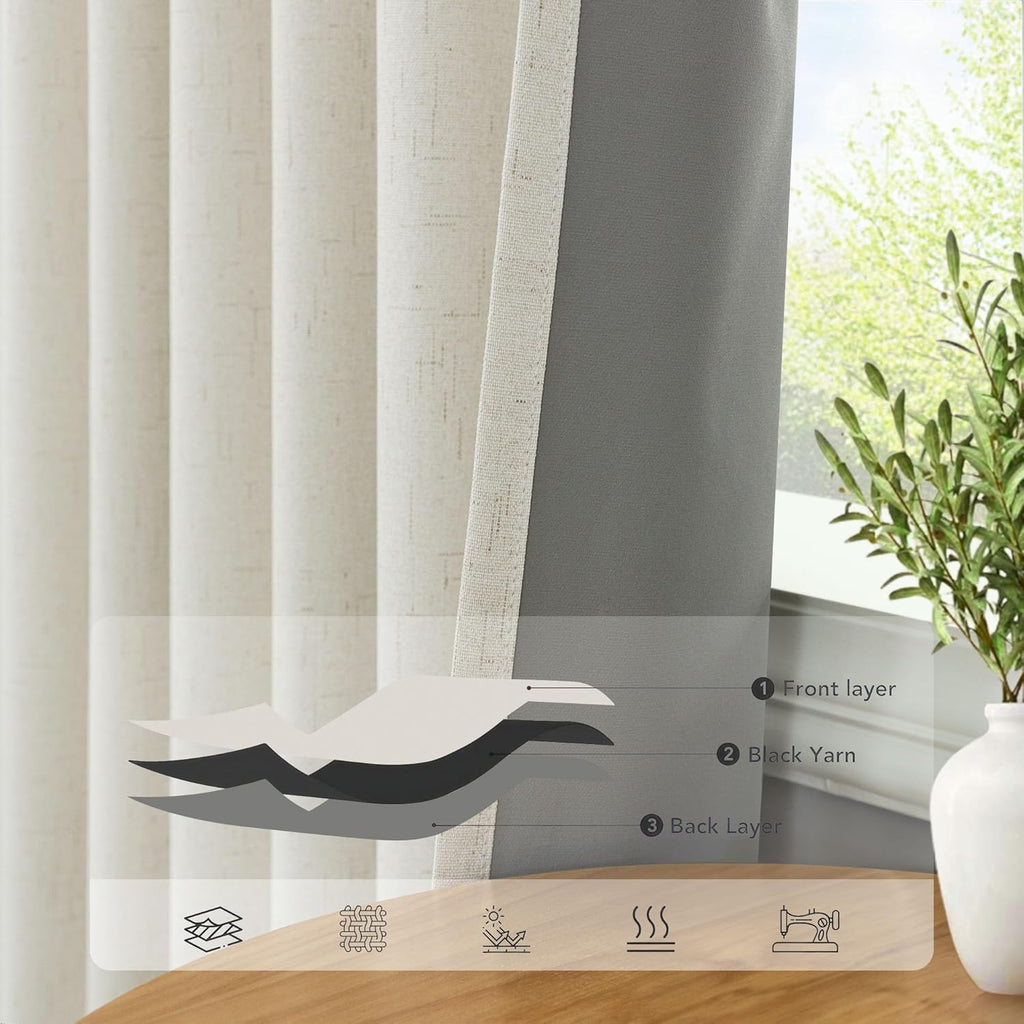 84" Cream Linen Blackout Curtains, 2 Panels