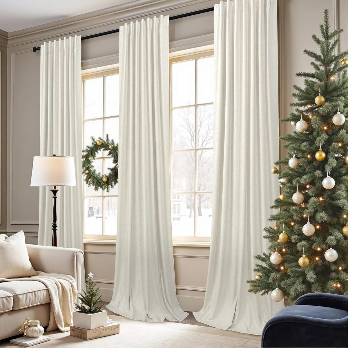 84" Cream Linen Blackout Curtains, 2 Panels