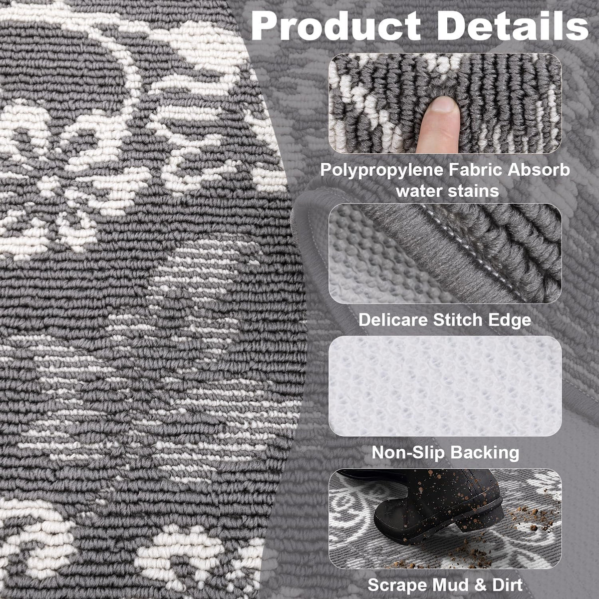 3-Pack Grey Boho Non-Slip Kitchen Rug Set