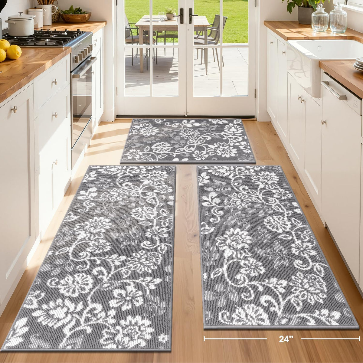 3-Pack Grey Boho Non-Slip Kitchen Rug Set
