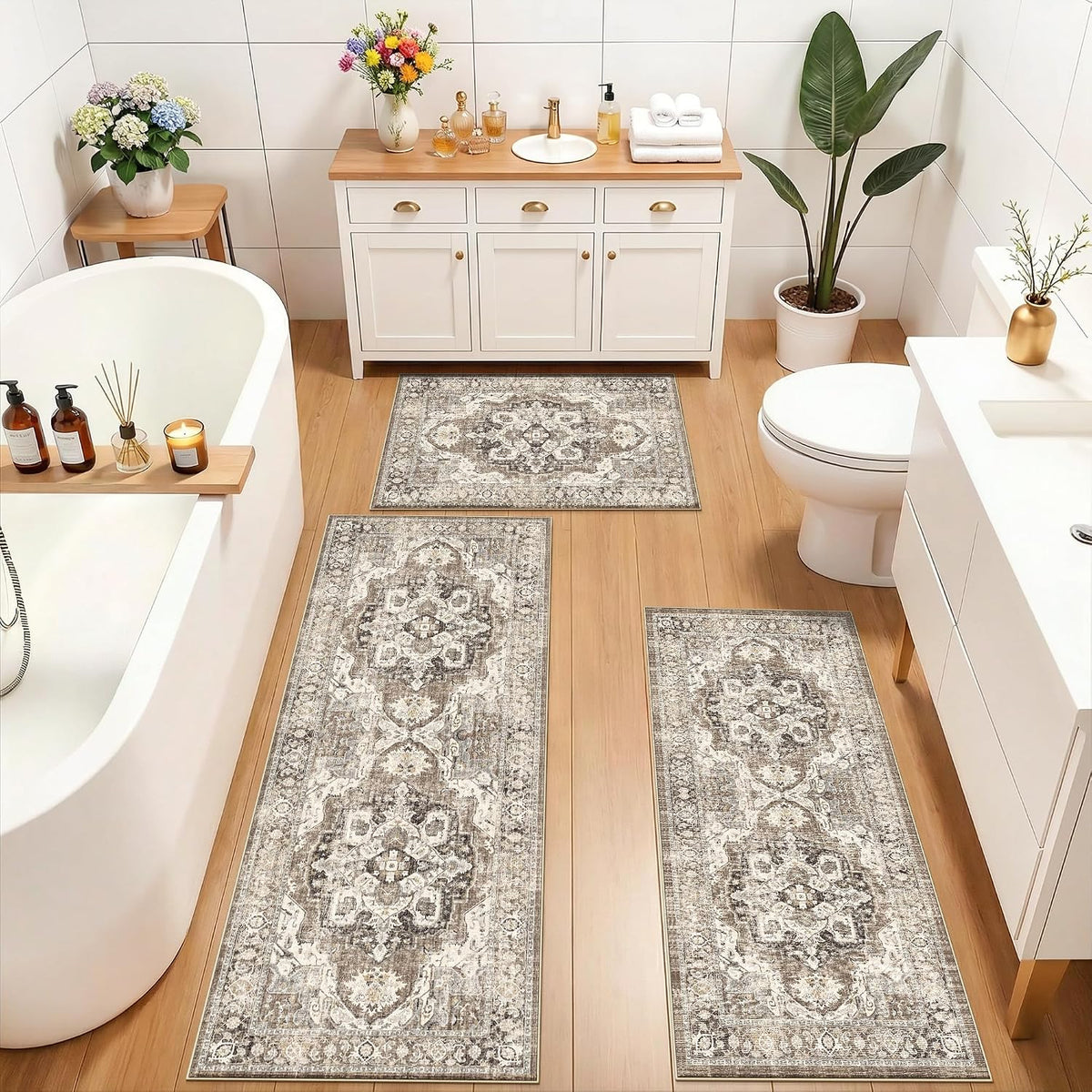 3-Pack Beige Boho Washable Non-Slip Rug
