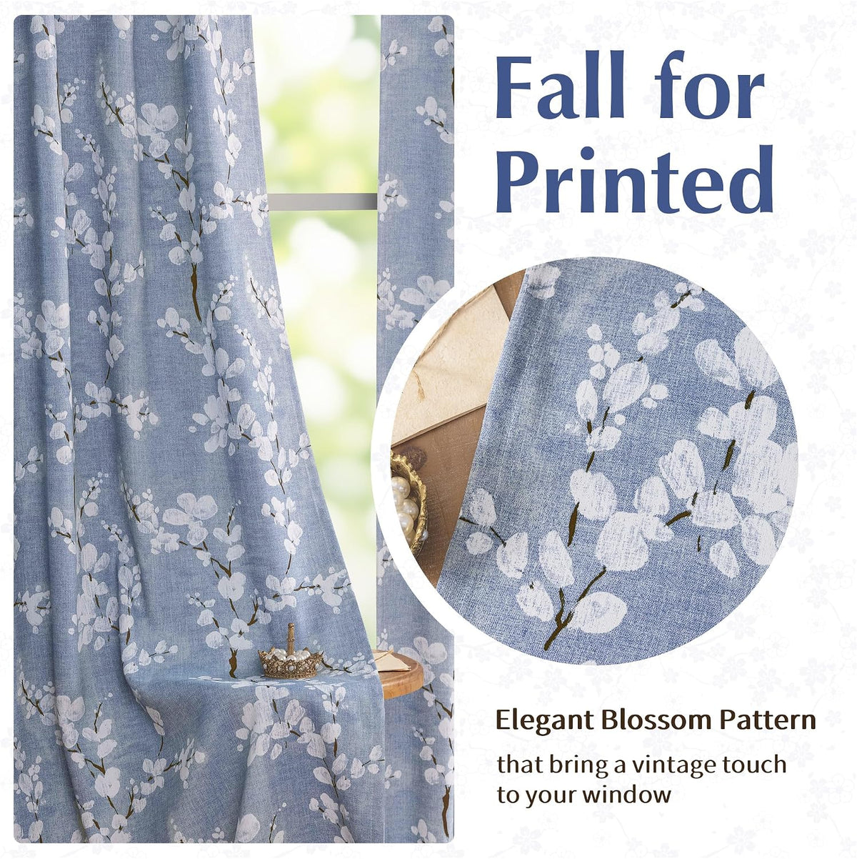 84" Blue Floral Blackout Curtains, 2 Panels