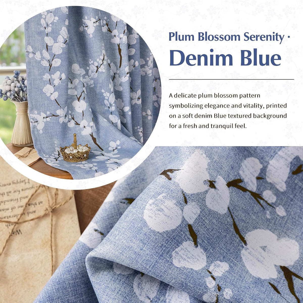 84" Blue Floral Blackout Curtains, 2 Panels