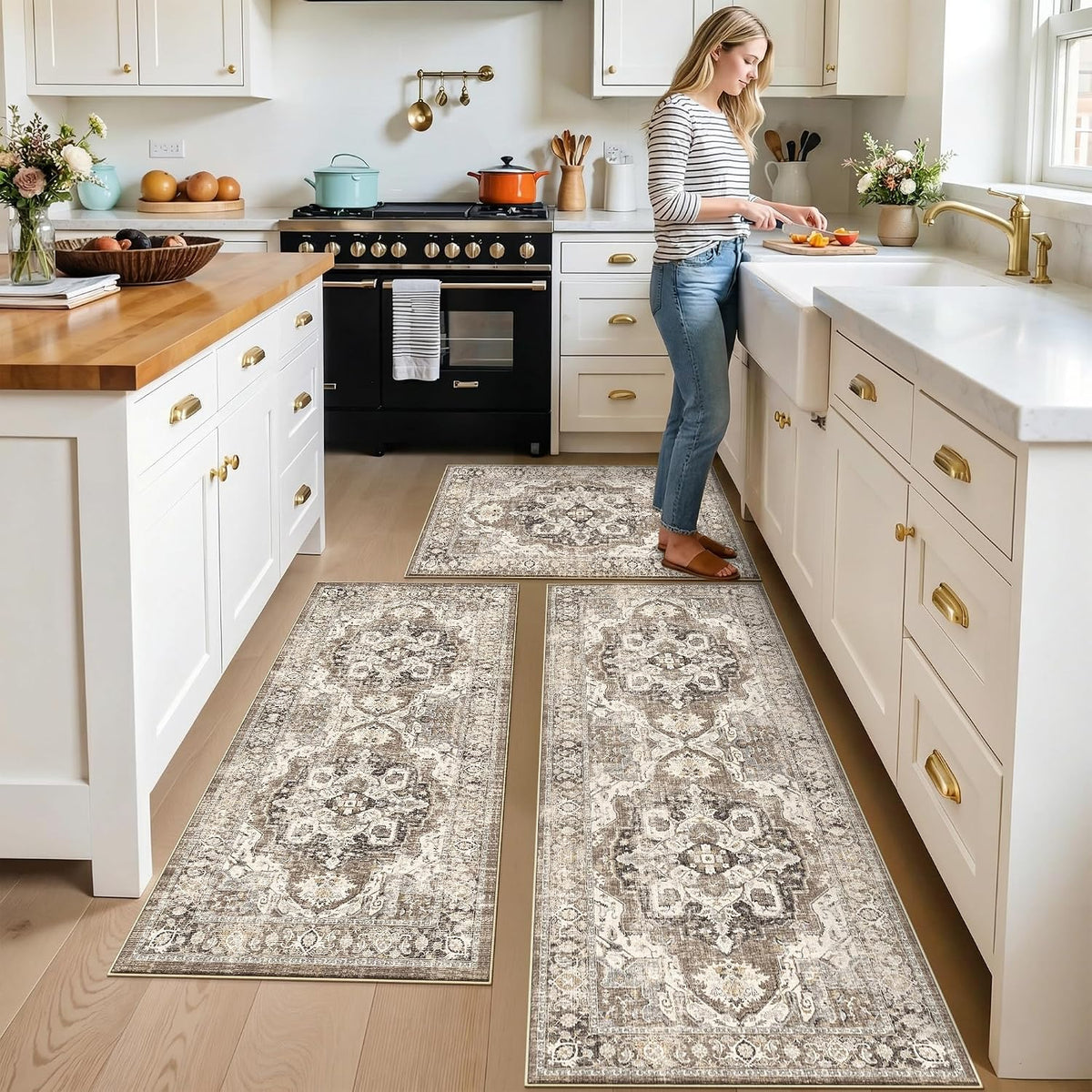 3-Pack Beige Boho Washable Non-Slip Rug