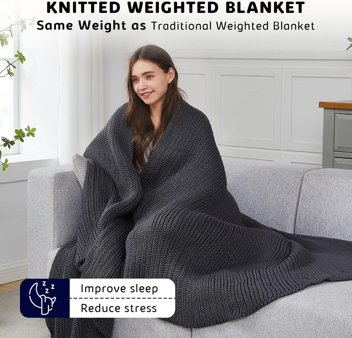 60"x80" 15lbs Dark Grey Chunky Knit Weighted Blanket