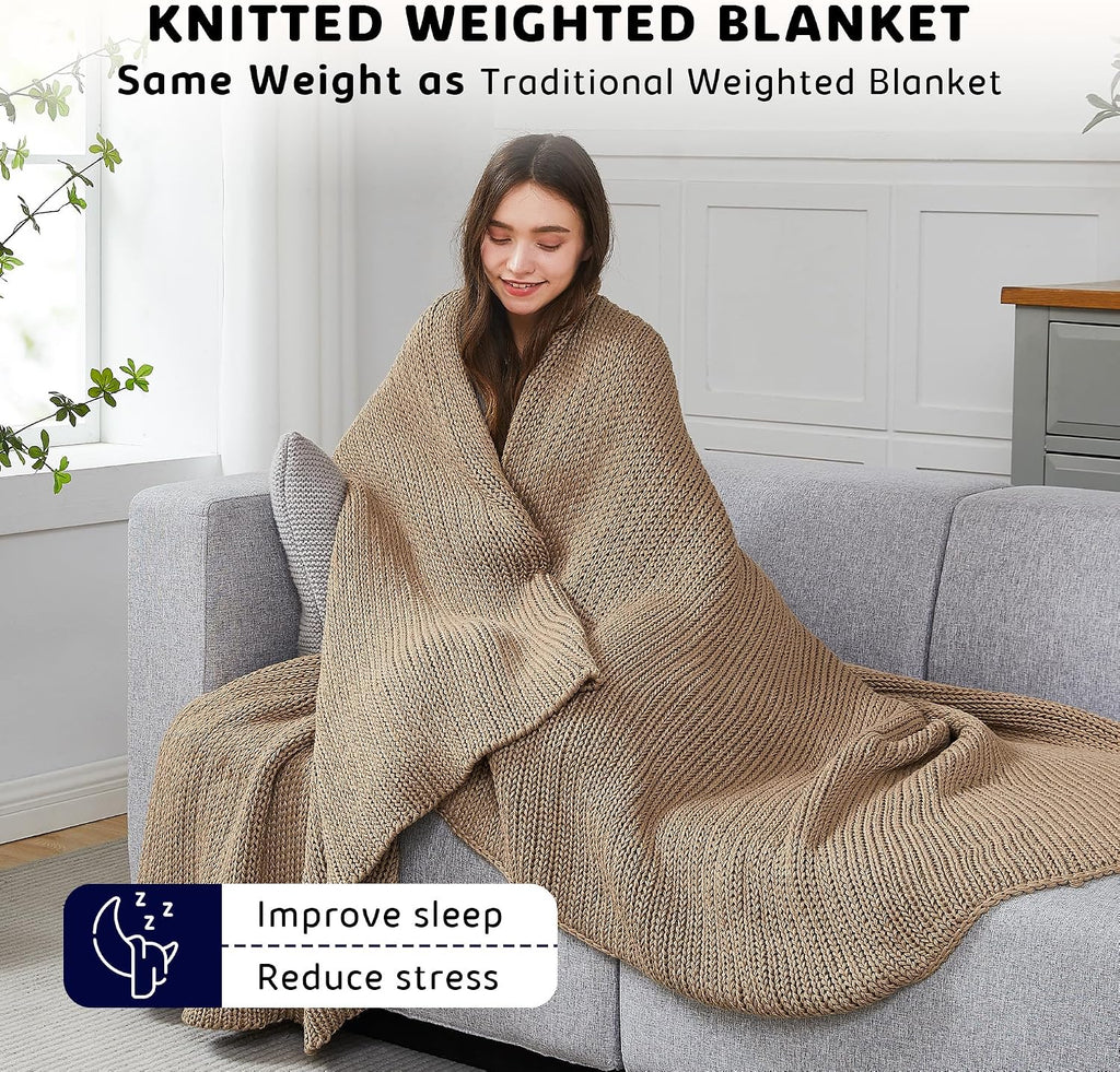 48"x72" 15lbs Beige Chunky Knit Weighted Blanket