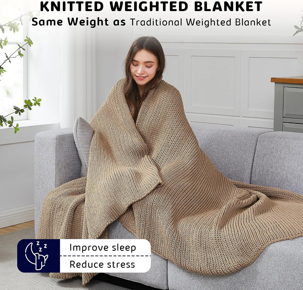48"x72" 15lbs Beige Chunky Knit Weighted Blanket