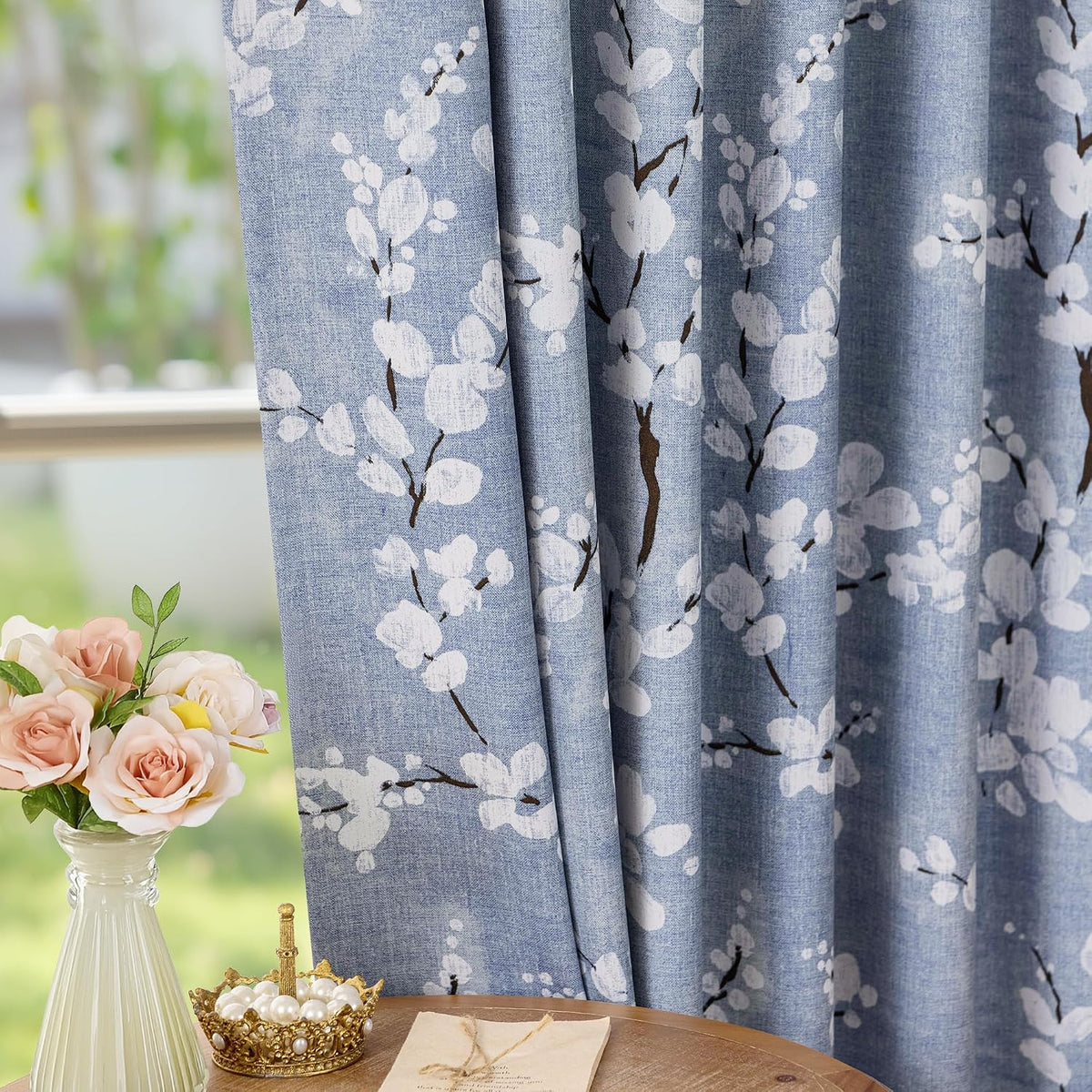 84" Blue Floral Blackout Curtains, 2 Panels