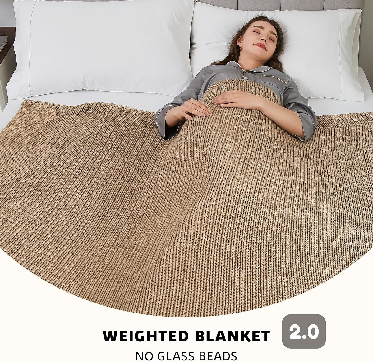 48"x72" 15lbs Beige Chunky Knit Weighted Blanket