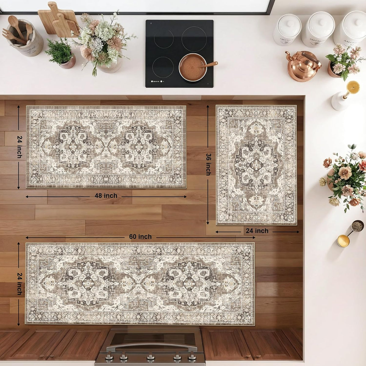 3-Pack Beige Boho Washable Non-Slip Rug