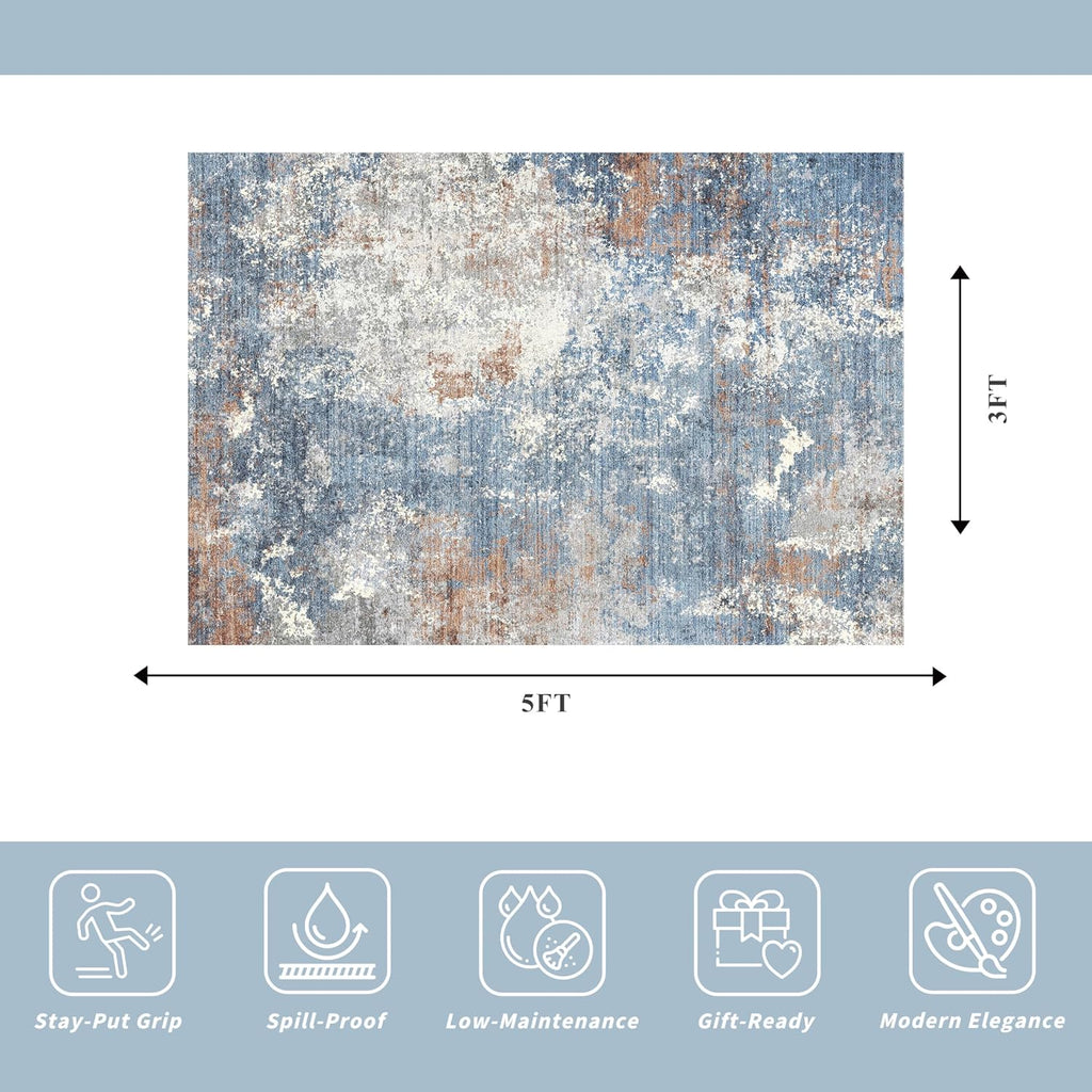 3'x5' Blue Rust Washable Non-Slip Area Rug
